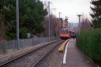Ein in Richtung Uetliberg fahrender Be 556 an der Haltestelle Friesenberg