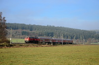 218 438 schiebt den RE 22308 bei Aufen Richtung Villingen