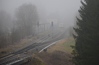 Alter Bahnhof von Albstadt-Laufen mit HzL-RS im Nebel